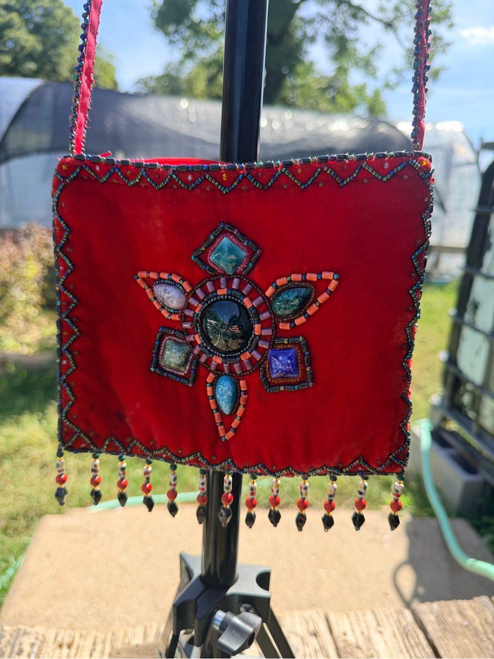 Vintage 100% Silk Velvet Beaded Gemstone Crossbody Bag Fringed